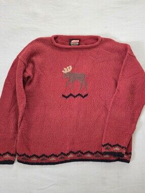Planet Earth Red Chunky Knit Crewneck Sweater with Moose Motif Medium